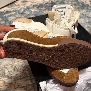 Chloé White and Brown Suede-Trim Sneakers